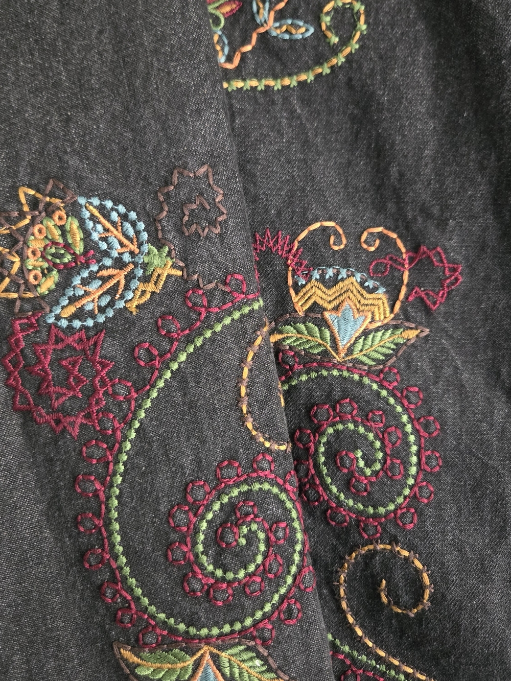 Denim&Co Vtg Embroidered Cotton Black Western Boho Whimsigoth Jean Jacket Medium - Picture 5 of 7